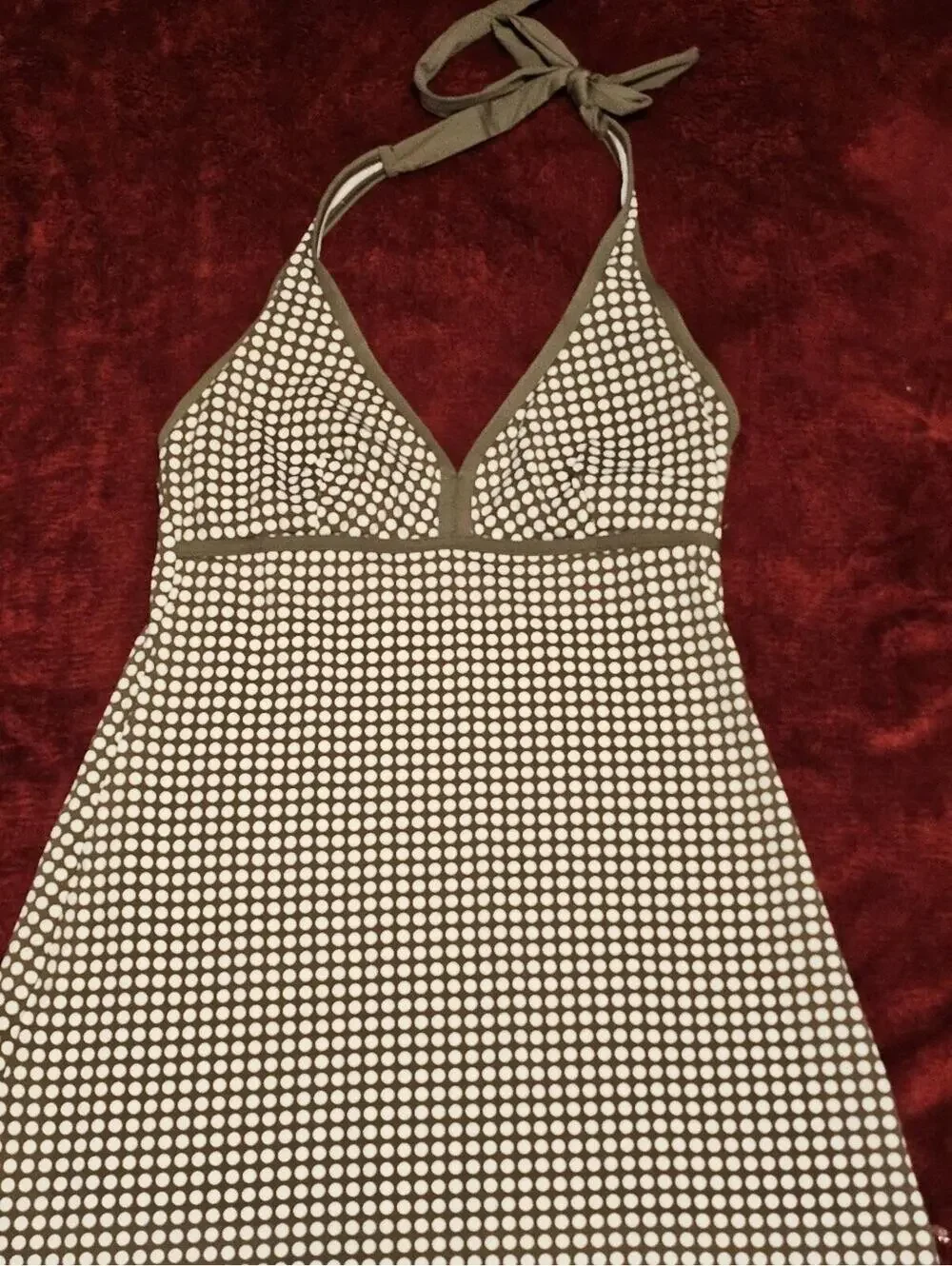 Tommy Bahama Olive and White Polka Dot Halter Mini Dress XS